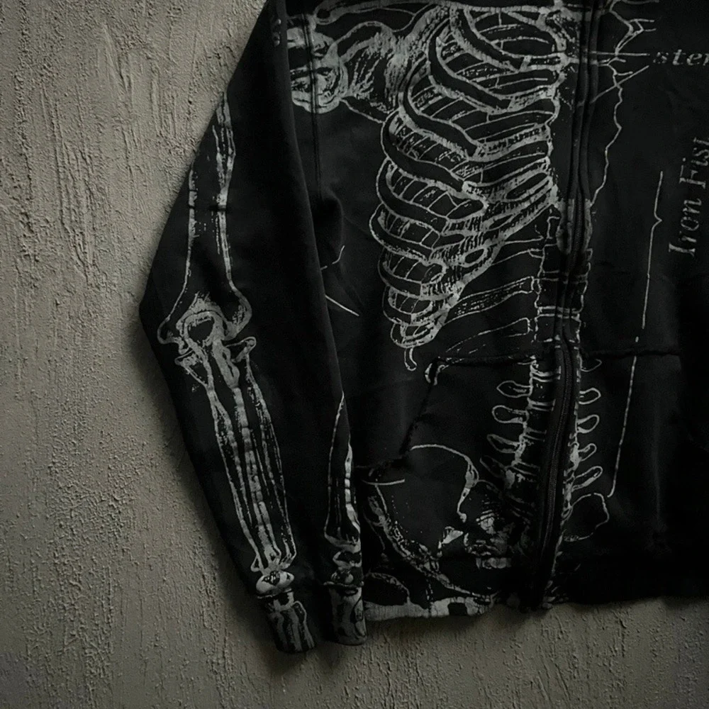 Vintage Iron Fist Zip Up Sweatshirt Medium Black 2000s Y2K Skeleton - Picture 3 of 10